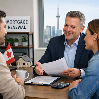 Ontario mortgage broker reviewing a renewal offer with homeowners in an office
